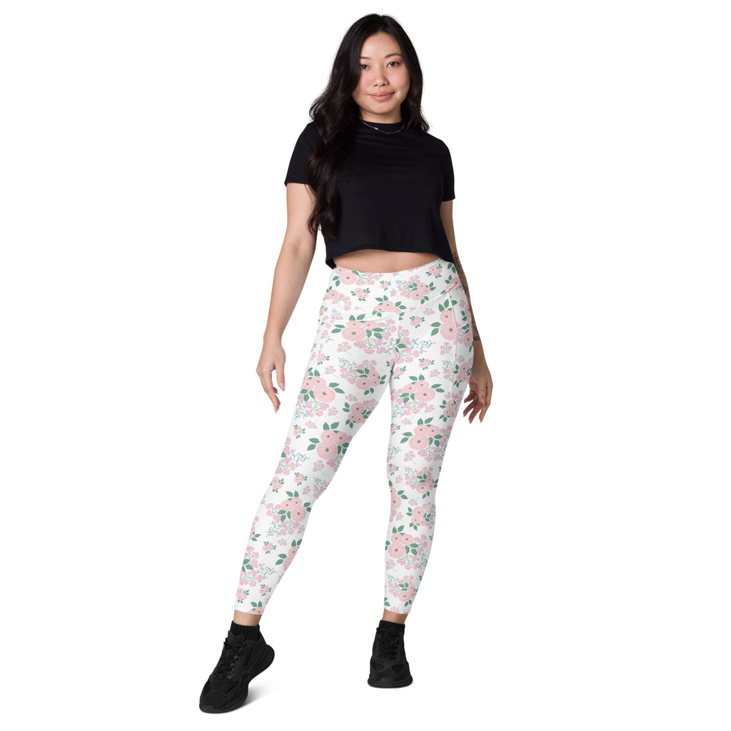 Women’s Pink Flower Yoga Leggings With Pockets – High-Waisted, Soft Compression Active Pants