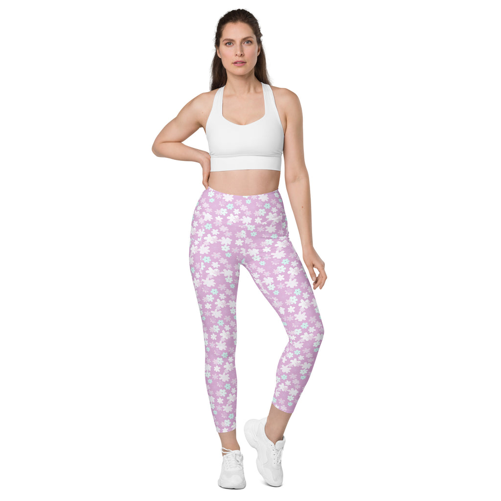Women’s Pastel Purple Floral Yoga Leggings With Pockets – High-Waisted, Soft Compression Active Pants