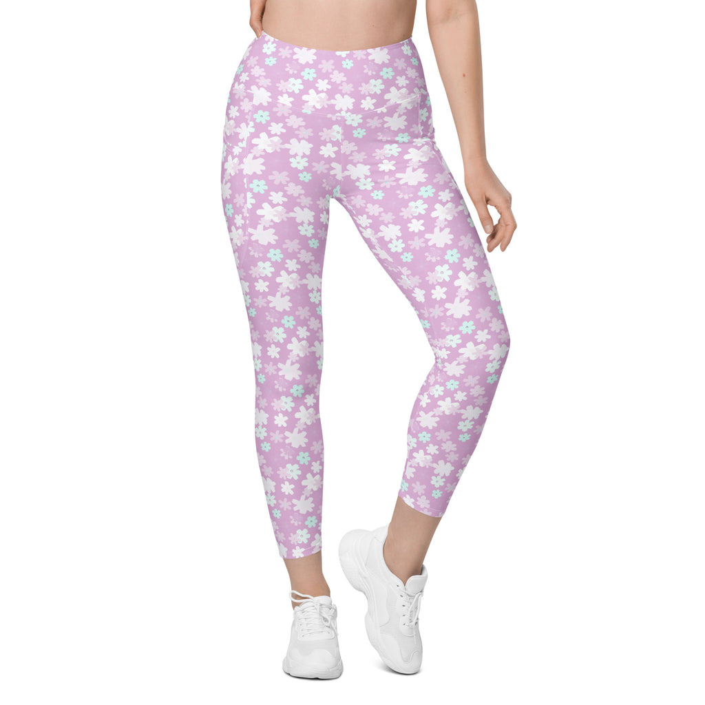 Women’s Pastel Purple Floral Yoga Leggings With Pockets – High-Waisted, Soft Compression Active Pants