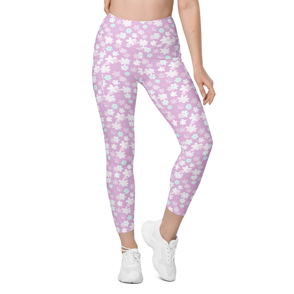 Women’s Pastel Purple Floral Yoga Leggings With Pockets – High-Waisted, Soft Compression Active Pants