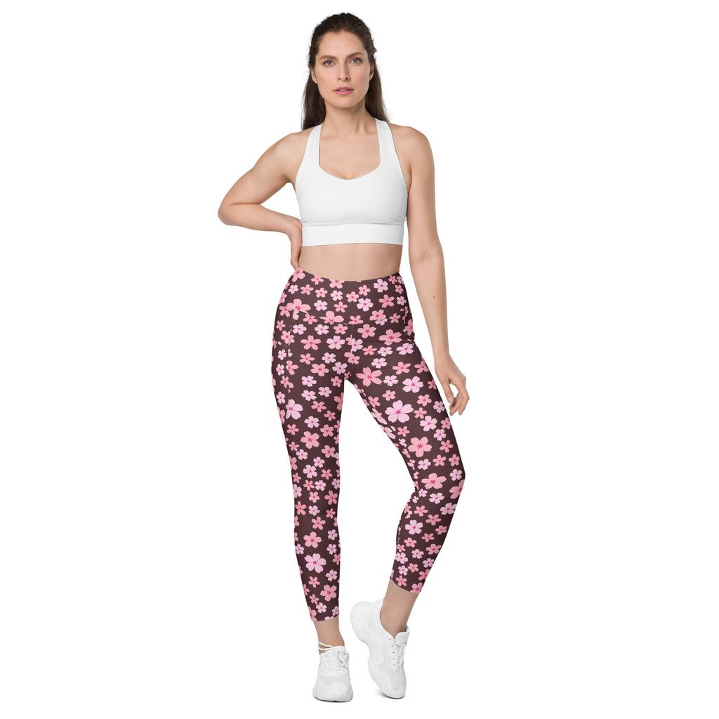 Women’s Pink Cherry Blossom Yoga Leggings With Pockets – High-Waisted, Soft Compression Active Pants