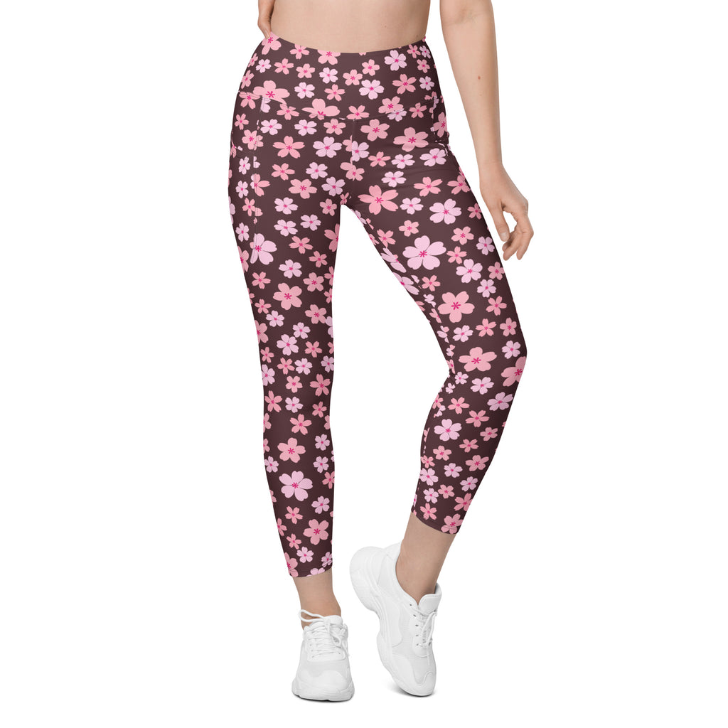 Women’s Pink Cherry Blossom Yoga Leggings With Pockets – High-Waisted, Soft Compression Active Pants