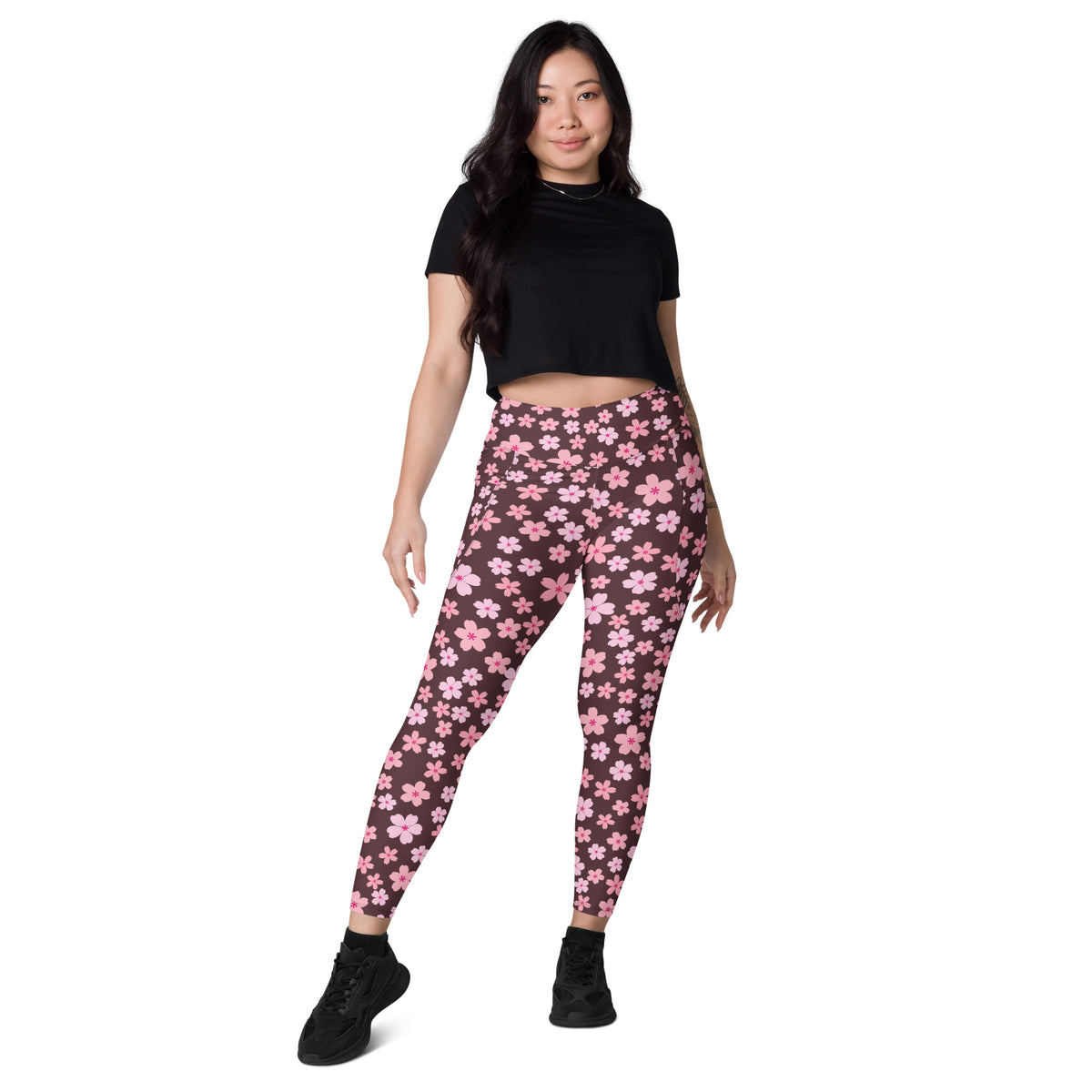 Women’s Pink Cherry Blossom Yoga Leggings With Pockets – High-Waisted, Soft Compression Active Pants