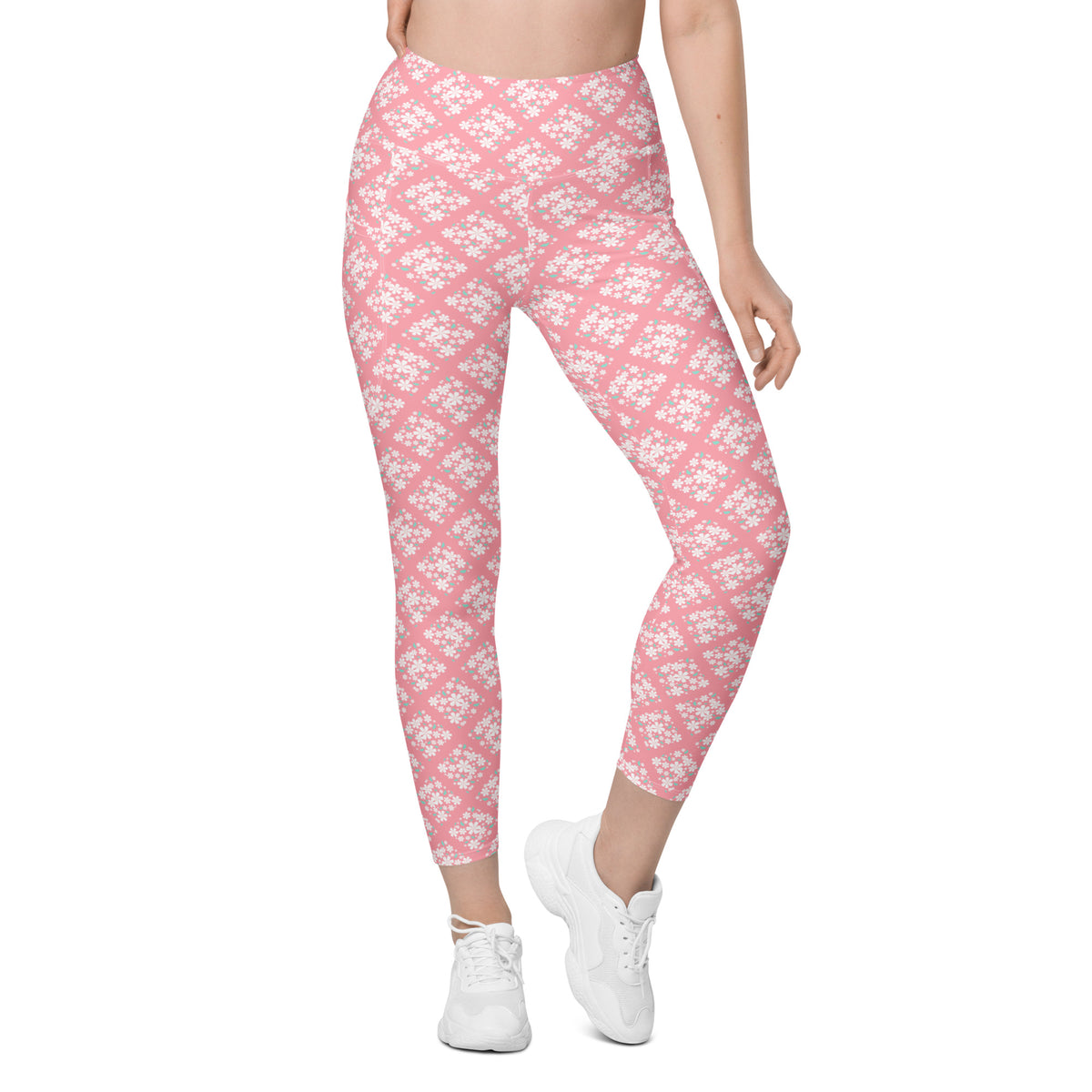 Women’s Pink Flower Yoga Leggings With Pockets – High-Waisted, Soft Compression Active Pants