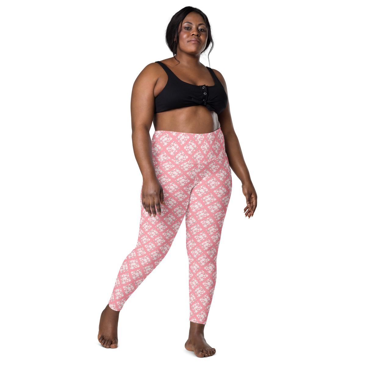 Women’s Pink Flower Yoga Leggings With Pockets – High-Waisted, Soft Compression Active Pants