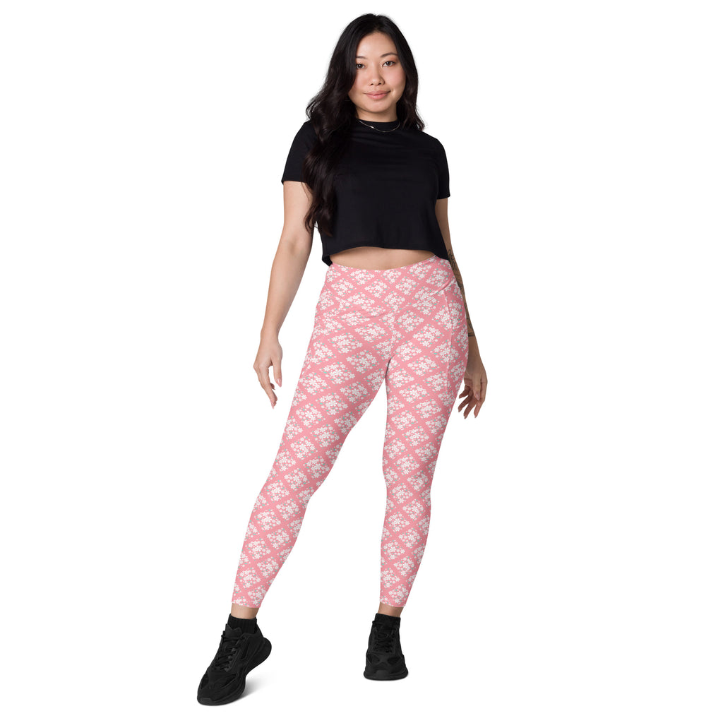 Women’s Pink Flower Yoga Leggings With Pockets – High-Waisted, Soft Compression Active Pants