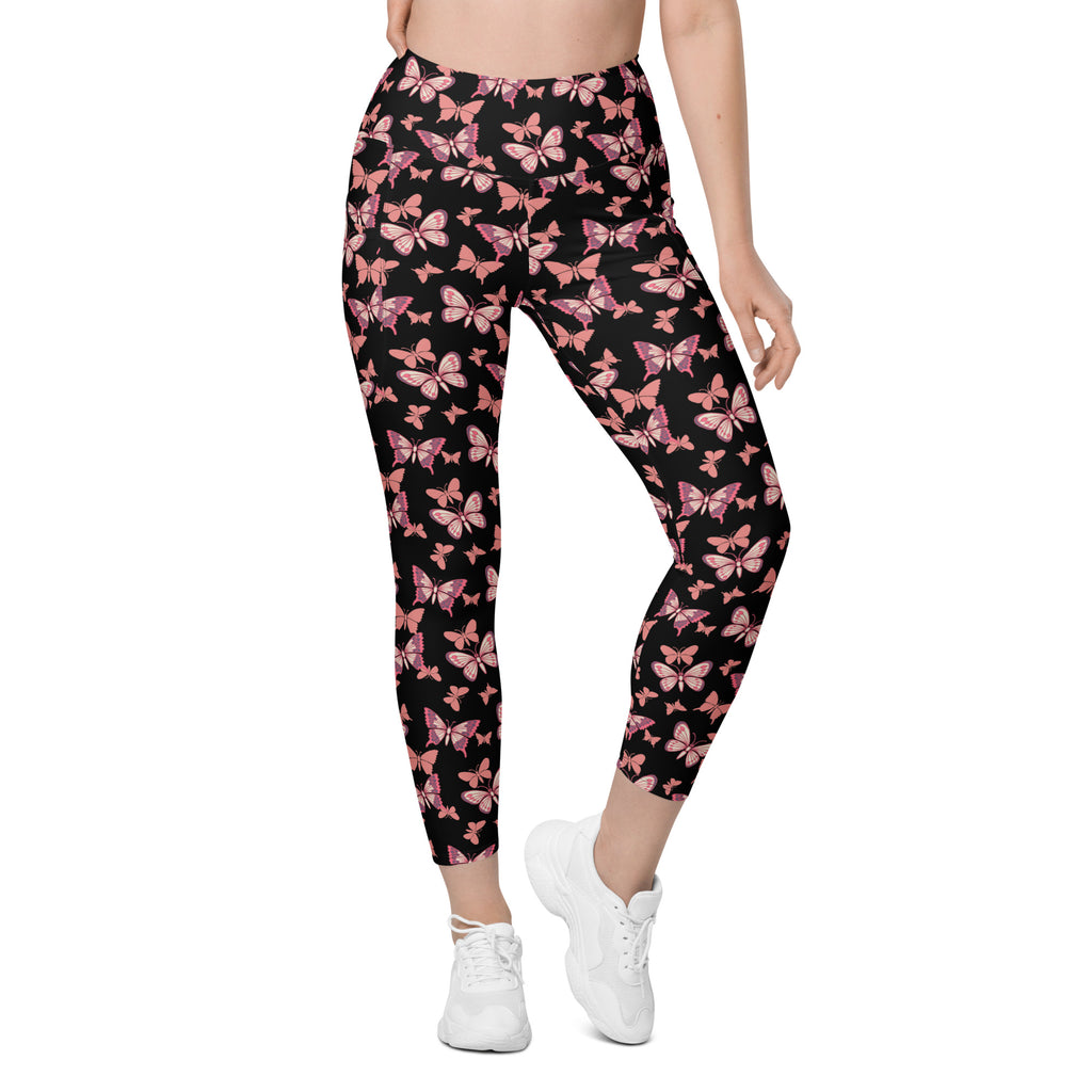 Women’s Vibrant Pink Butterfly Yoga Leggings With Pockets – High-Waisted, Soft Compression Active Pants