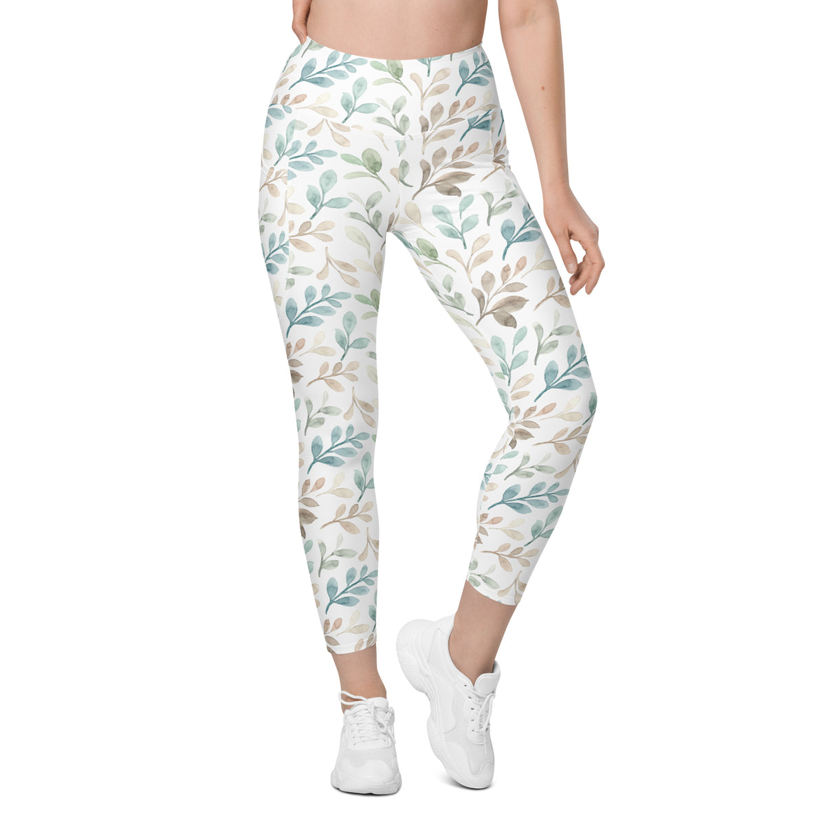 Women’s Watercolor Leaf Yoga Leggings With Pockets – High-Waisted, Soft Compression Active Pants