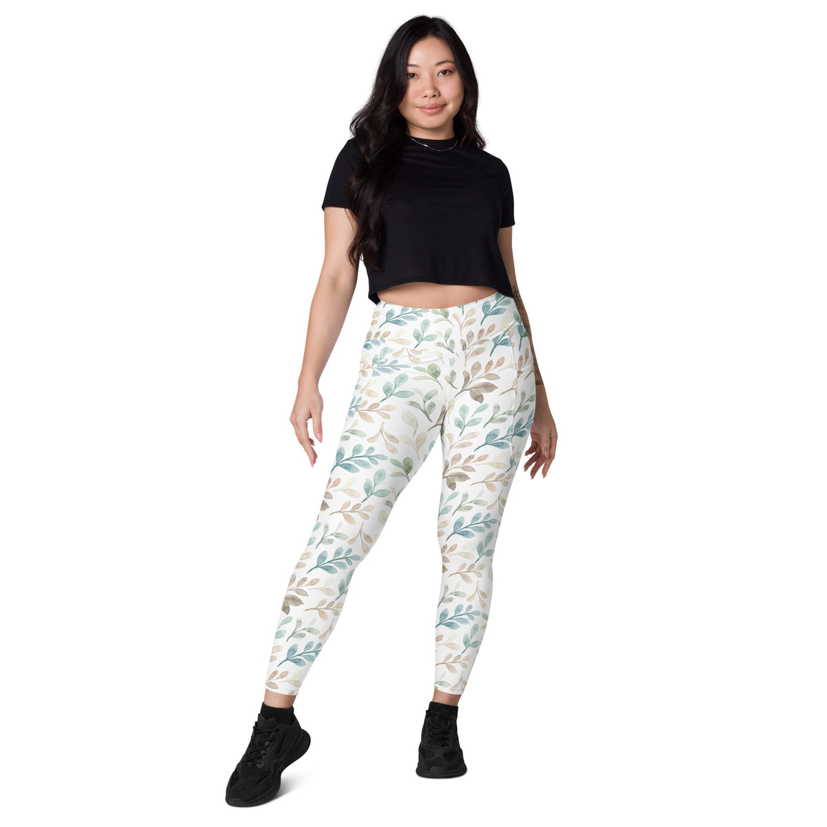 Women’s Watercolor Leaf Yoga Leggings With Pockets – High-Waisted, Soft Compression Active Pants