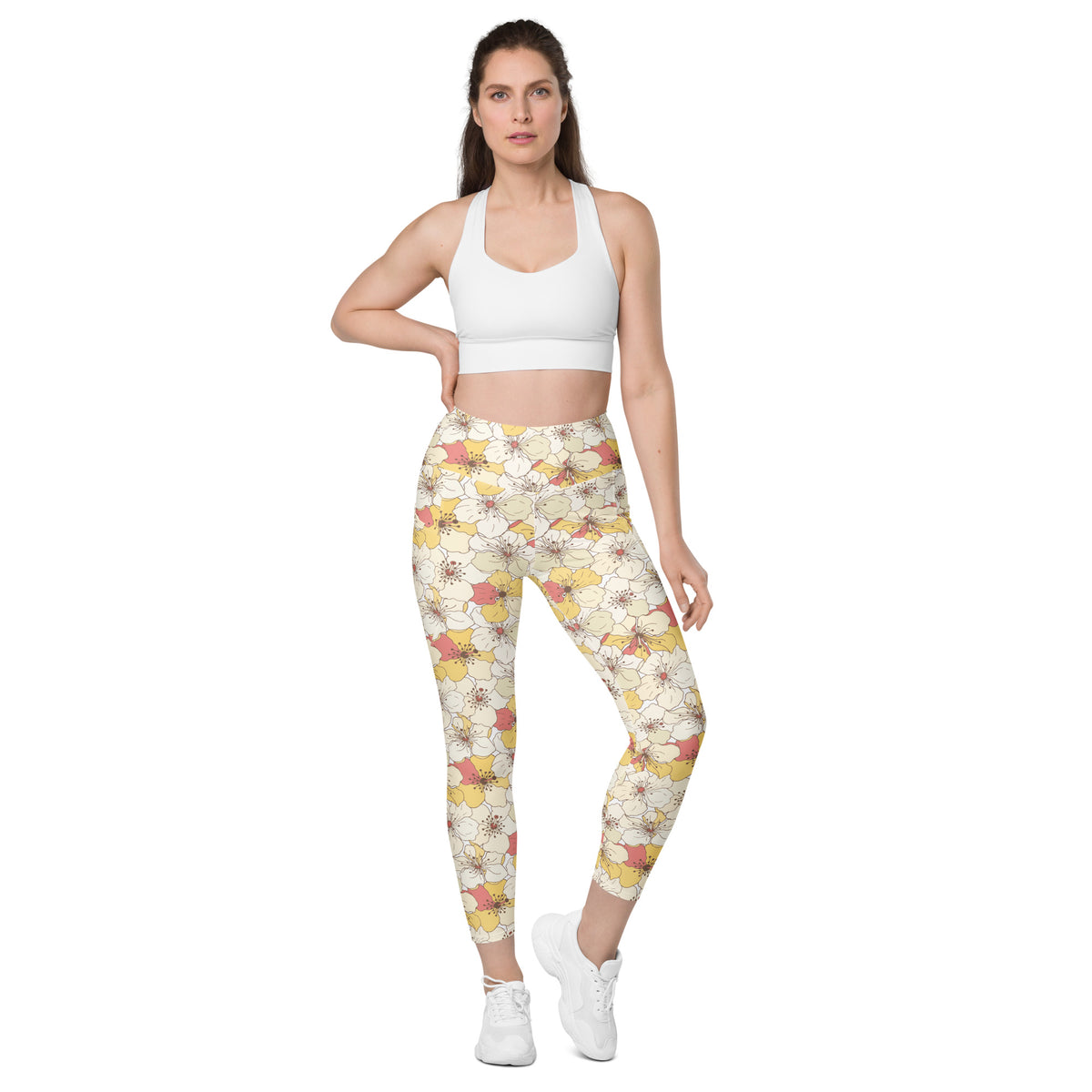 Women’s Yellow Floral Yoga Leggings With Pockets – High-Waisted, Soft Compression Active Pants