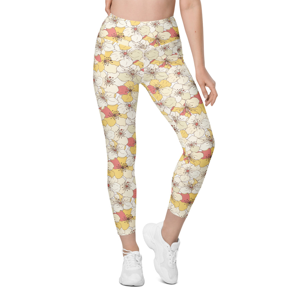 Women’s Yellow Floral Yoga Leggings With Pockets – High-Waisted, Soft Compression Active Pants