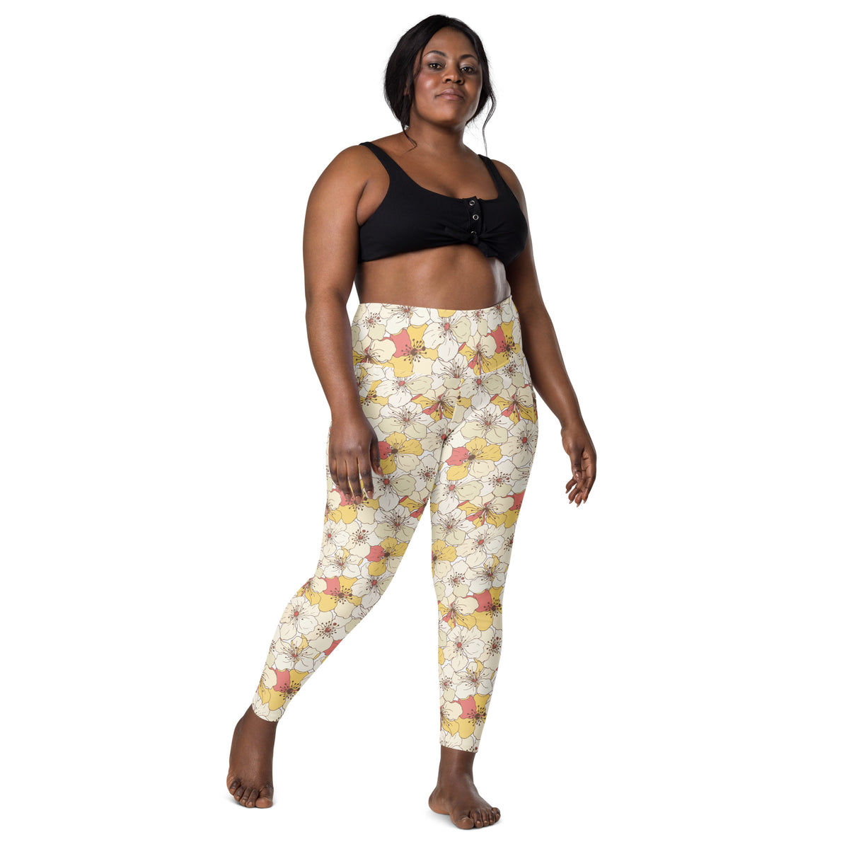 Women’s Yellow Floral Yoga Leggings With Pockets – High-Waisted, Soft Compression Active Pants