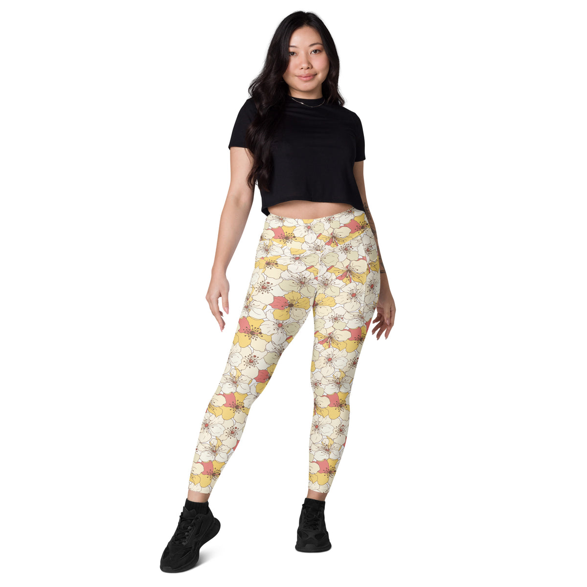Women’s Yellow Floral Yoga Leggings With Pockets – High-Waisted, Soft Compression Active Pants