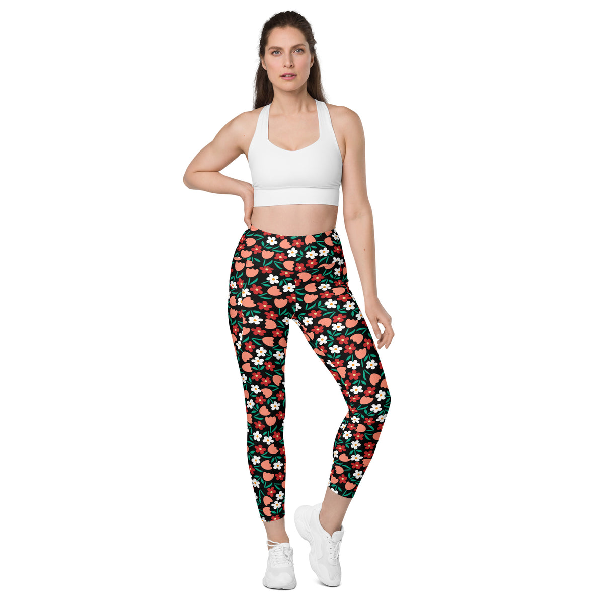 Women’s Black Floral Yoga Leggings With Pockets – High-Waisted, Soft Compression Active Pants