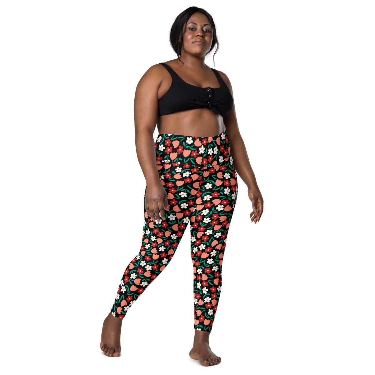 Women’s Black Floral Yoga Leggings With Pockets – High-Waisted, Soft Compression Active Pants
