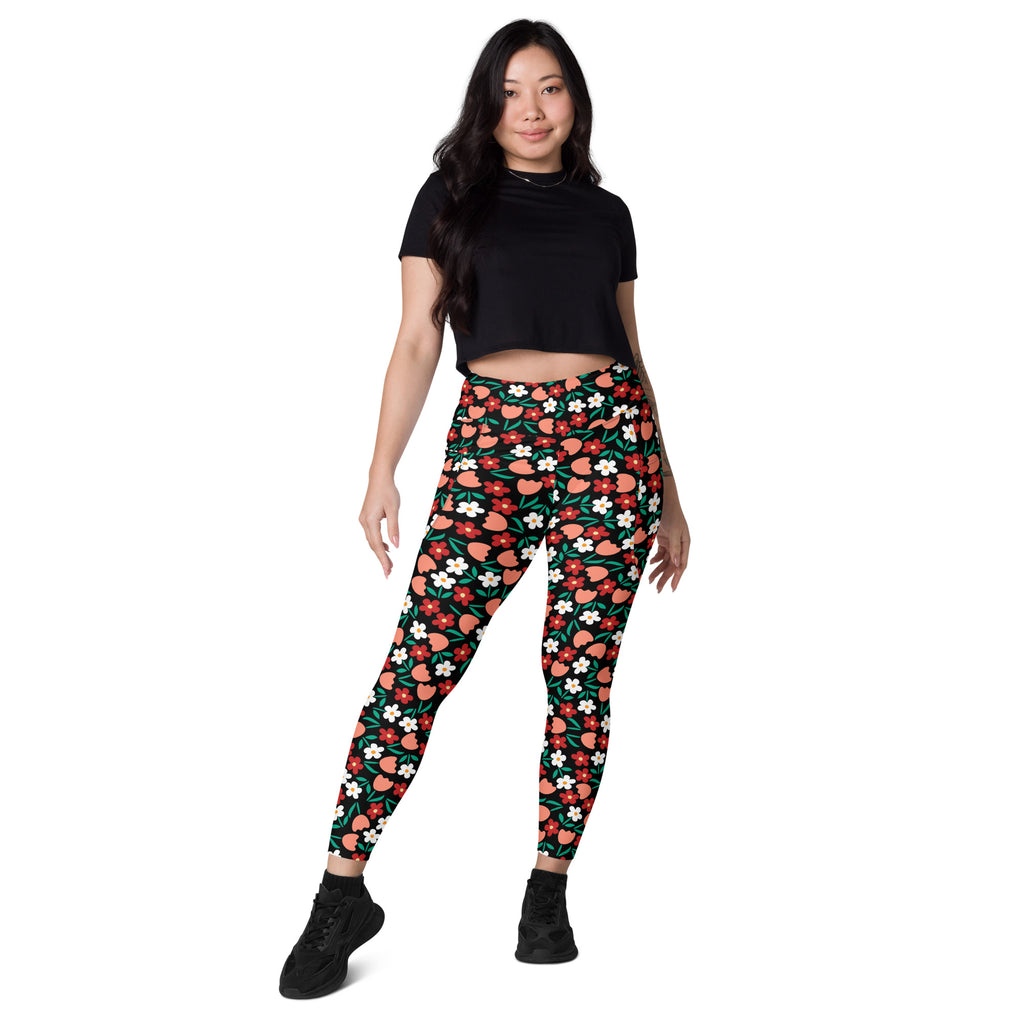 Women’s Black Floral Yoga Leggings With Pockets – High-Waisted, Soft Compression Active Pants