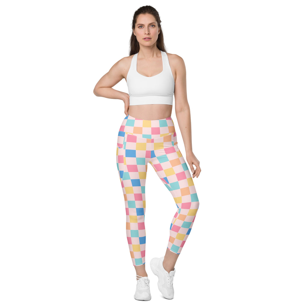 Women’s Colorful Pastel Checkered Yoga Leggings With Pockets – High-Waisted, Soft Compression Active Pants