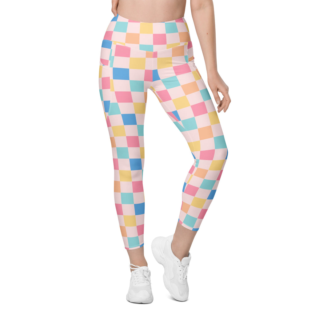 Women’s Colorful Pastel Checkered Yoga Leggings With Pockets – High-Waisted, Soft Compression Active Pants