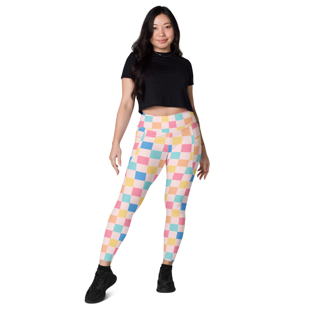 Women’s Colorful Pastel Checkered Yoga Leggings With Pockets – High-Waisted, Soft Compression Active Pants