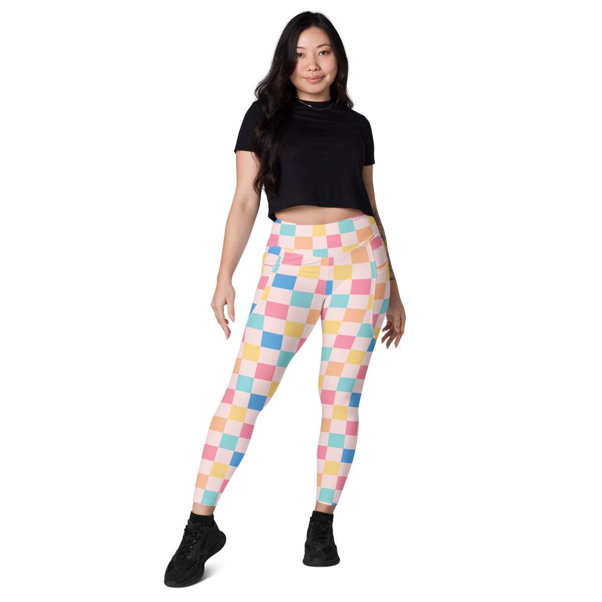 Women’s Colorful Pastel Checkered Yoga Leggings With Pockets – High-Waisted, Soft Compression Active Pants