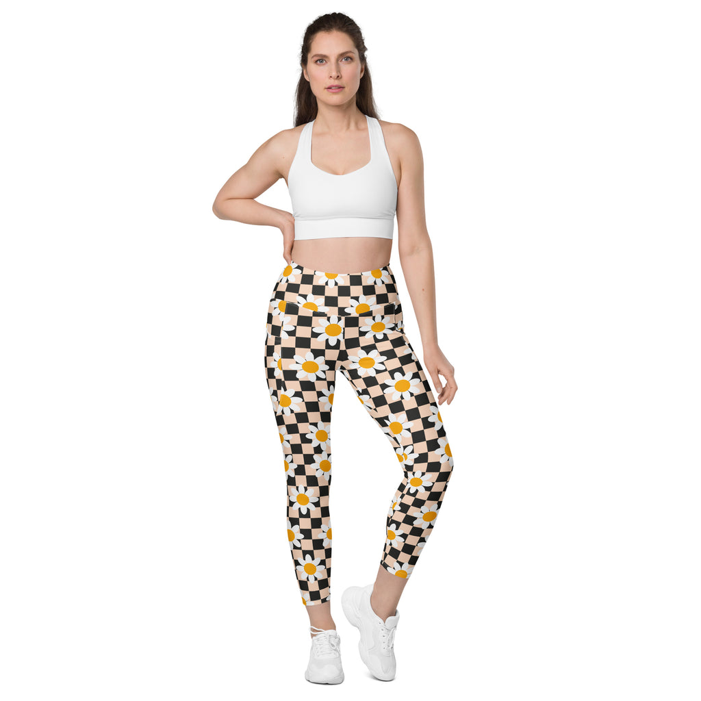 Women’s Daisy Checkered Yoga Leggings With Pockets – High-Waisted, Soft Compression Active Pants