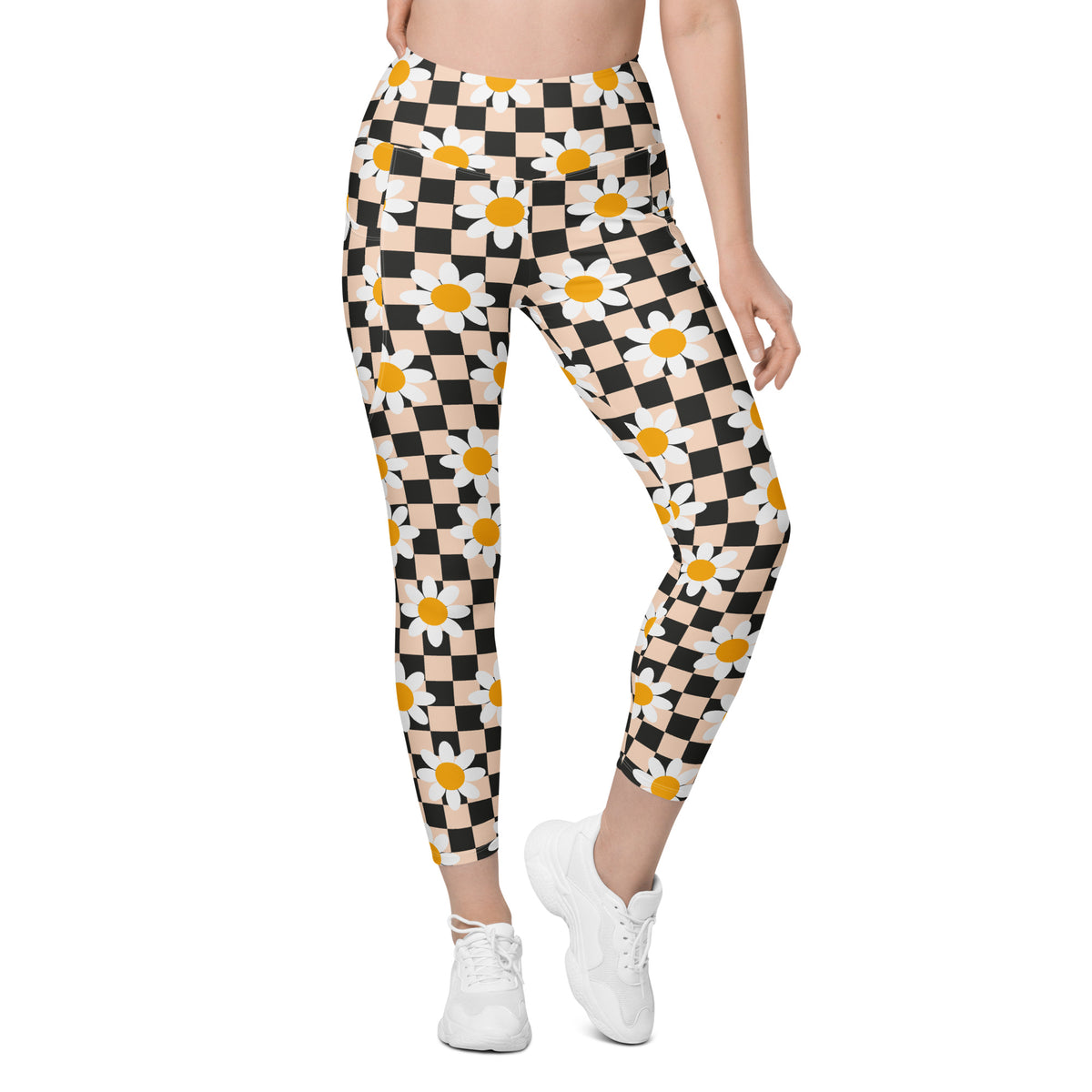 Women’s Daisy Checkered Yoga Leggings With Pockets – High-Waisted, Soft Compression Active Pants