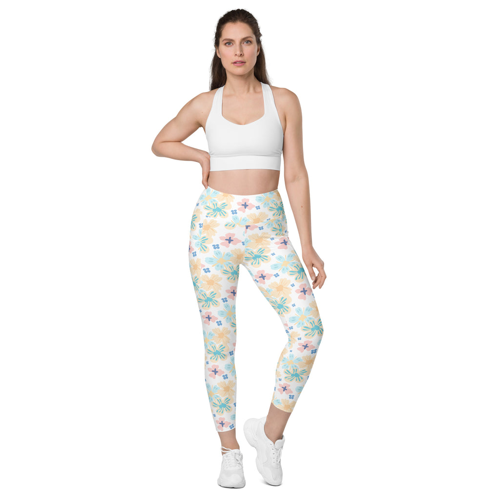 Women’s Tropical Pastel Floral Yoga Leggings With Pockets – High-Waisted, Soft Compression Active Pants