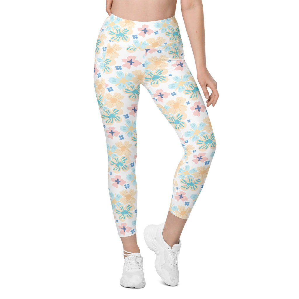 Women’s Tropical Pastel Floral Yoga Leggings With Pockets – High-Waisted, Soft Compression Active Pants