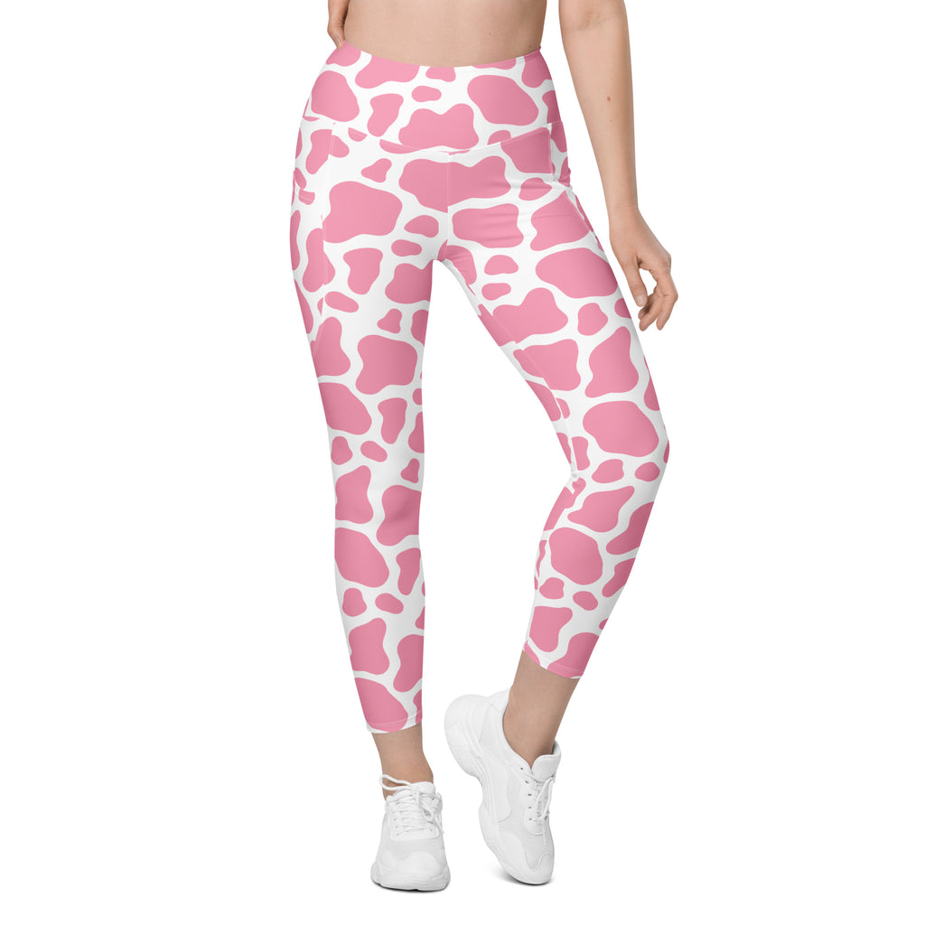 Women’s Pink Cow Print Yoga Leggings With Pockets – High-Waisted, Soft Compression Active Pants