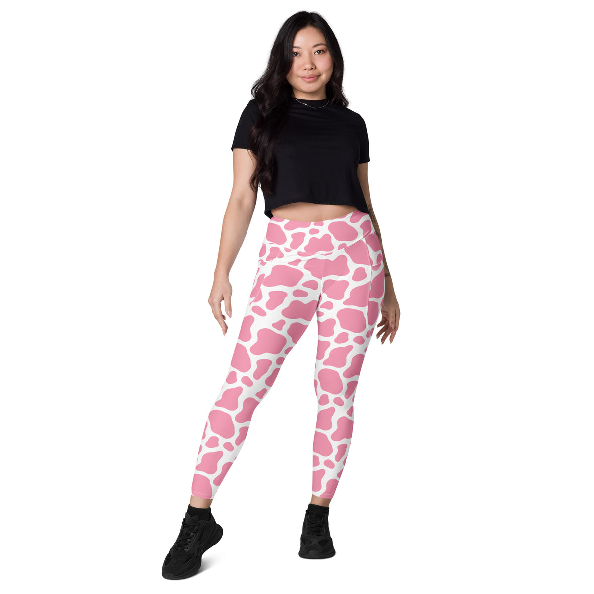 Women’s Pink Cow Print Yoga Leggings With Pockets – High-Waisted, Soft Compression Active Pants