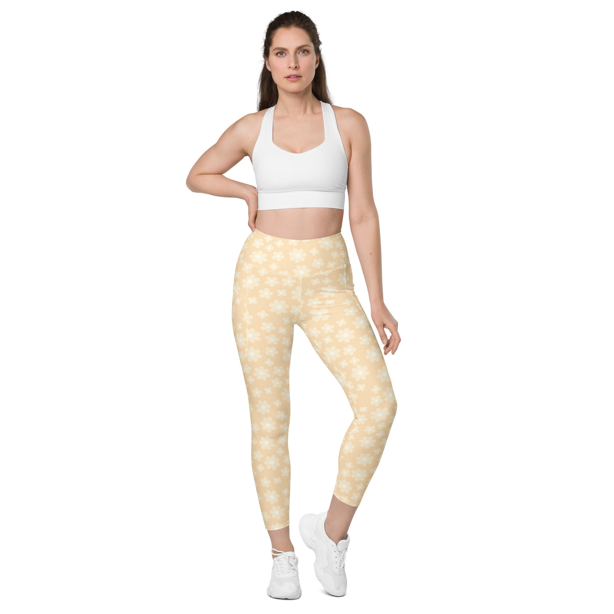Women’s Light Yellow Daisy Yoga Leggings With Pockets – High-Waisted, Soft Compression Active Pants