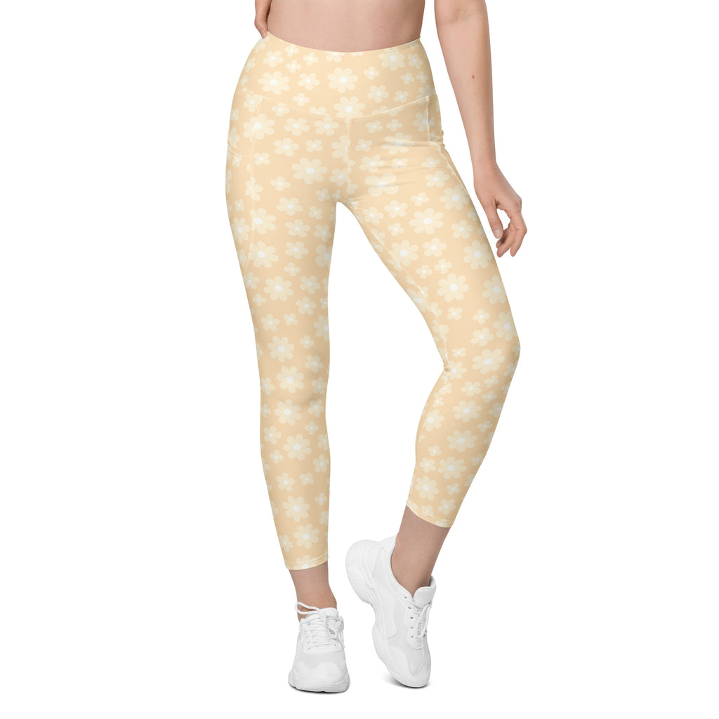 Women’s Light Yellow Daisy Yoga Leggings With Pockets – High-Waisted, Soft Compression Active Pants