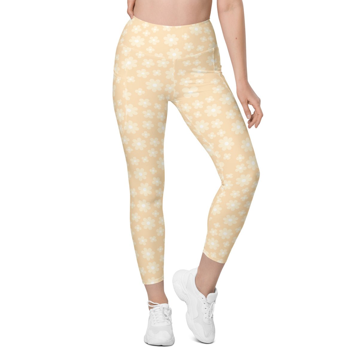 Women’s Light Yellow Daisy Yoga Leggings With Pockets – High-Waisted, Soft Compression Active Pants