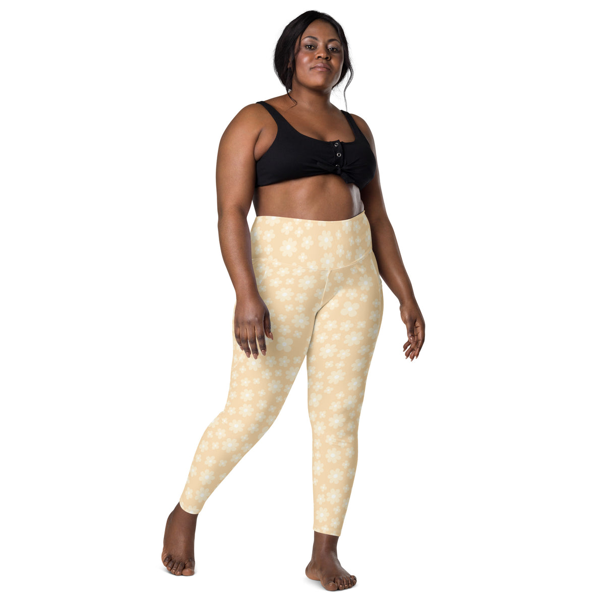 Women’s Light Yellow Daisy Yoga Leggings With Pockets – High-Waisted, Soft Compression Active Pants
