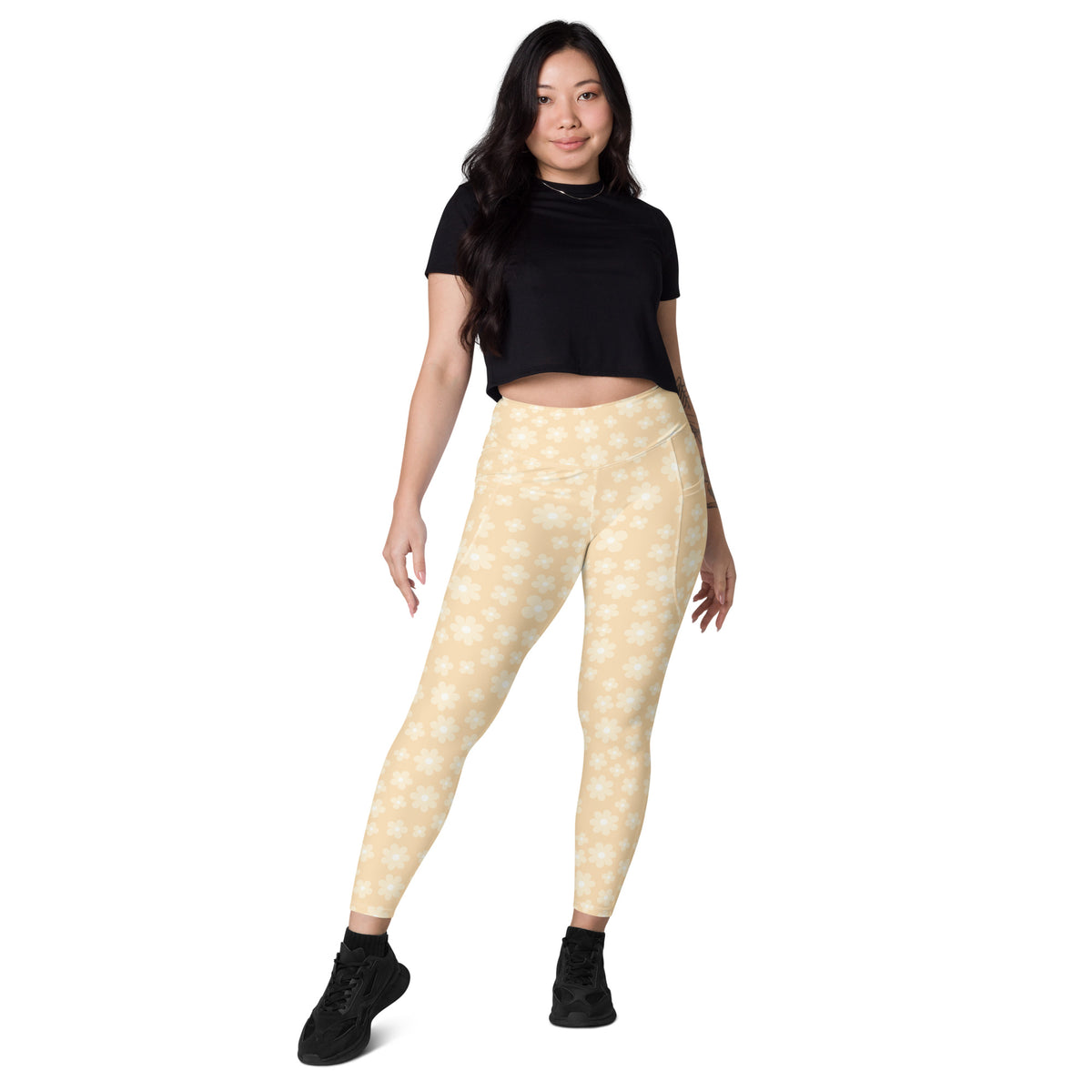 Women’s Light Yellow Daisy Yoga Leggings With Pockets – High-Waisted, Soft Compression Active Pants