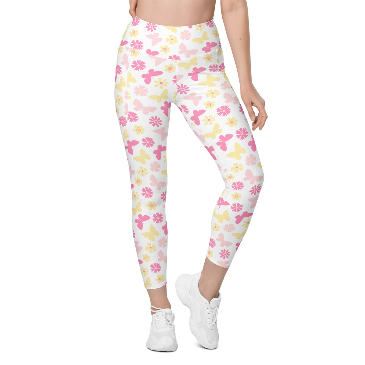 Women’s Pink Butterfly & Flower Yoga Leggings With Pockets – High-Waisted, Soft Compression Active Pants