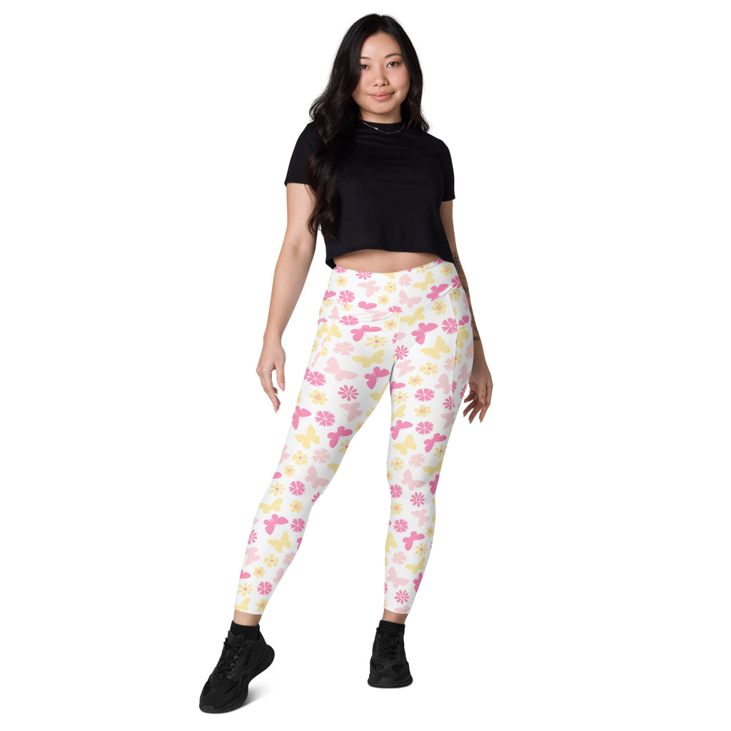Women’s Pink Butterfly & Flower Yoga Leggings With Pockets – High-Waisted, Soft Compression Active Pants