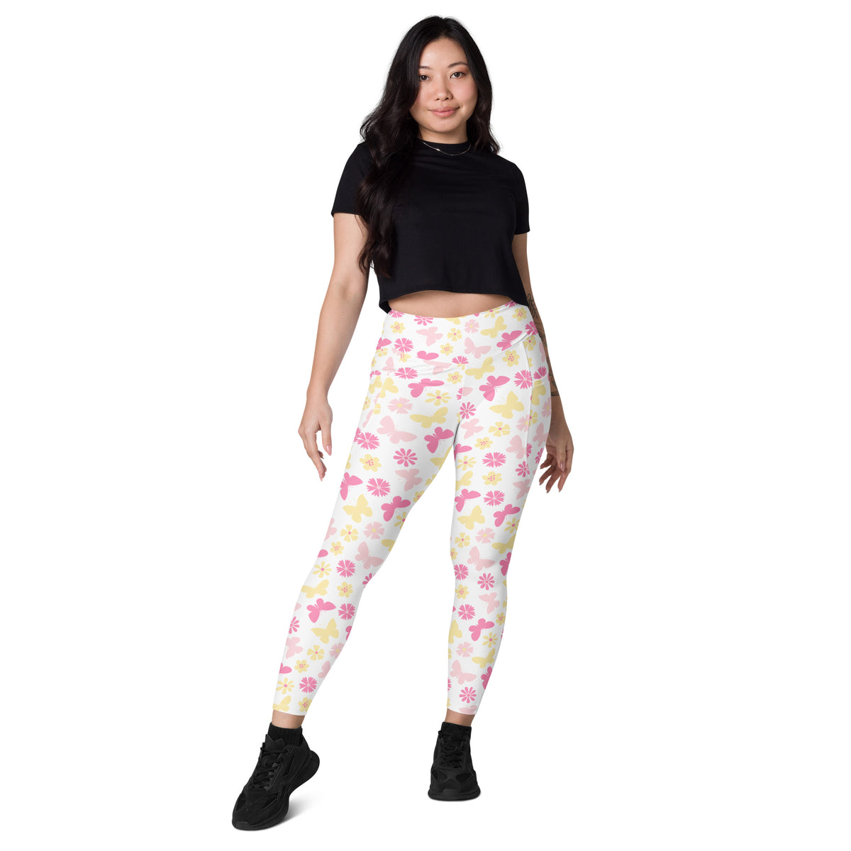 Women’s Pink Butterfly & Flower Yoga Leggings With Pockets – High-Waisted, Soft Compression Active Pants