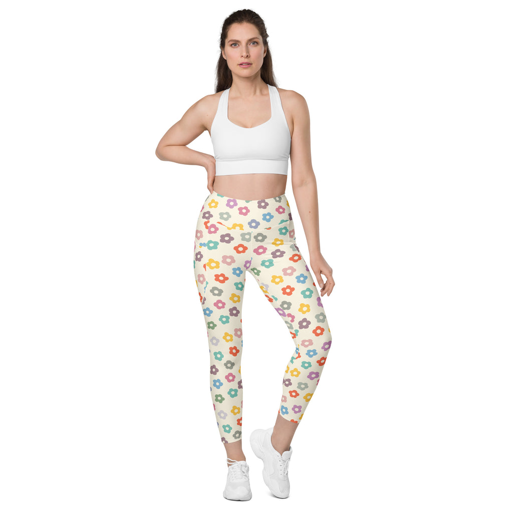 Women’s Colorful Retro Floral Yoga Leggings With Pockets – High-Waisted, Soft Compression Active Pants