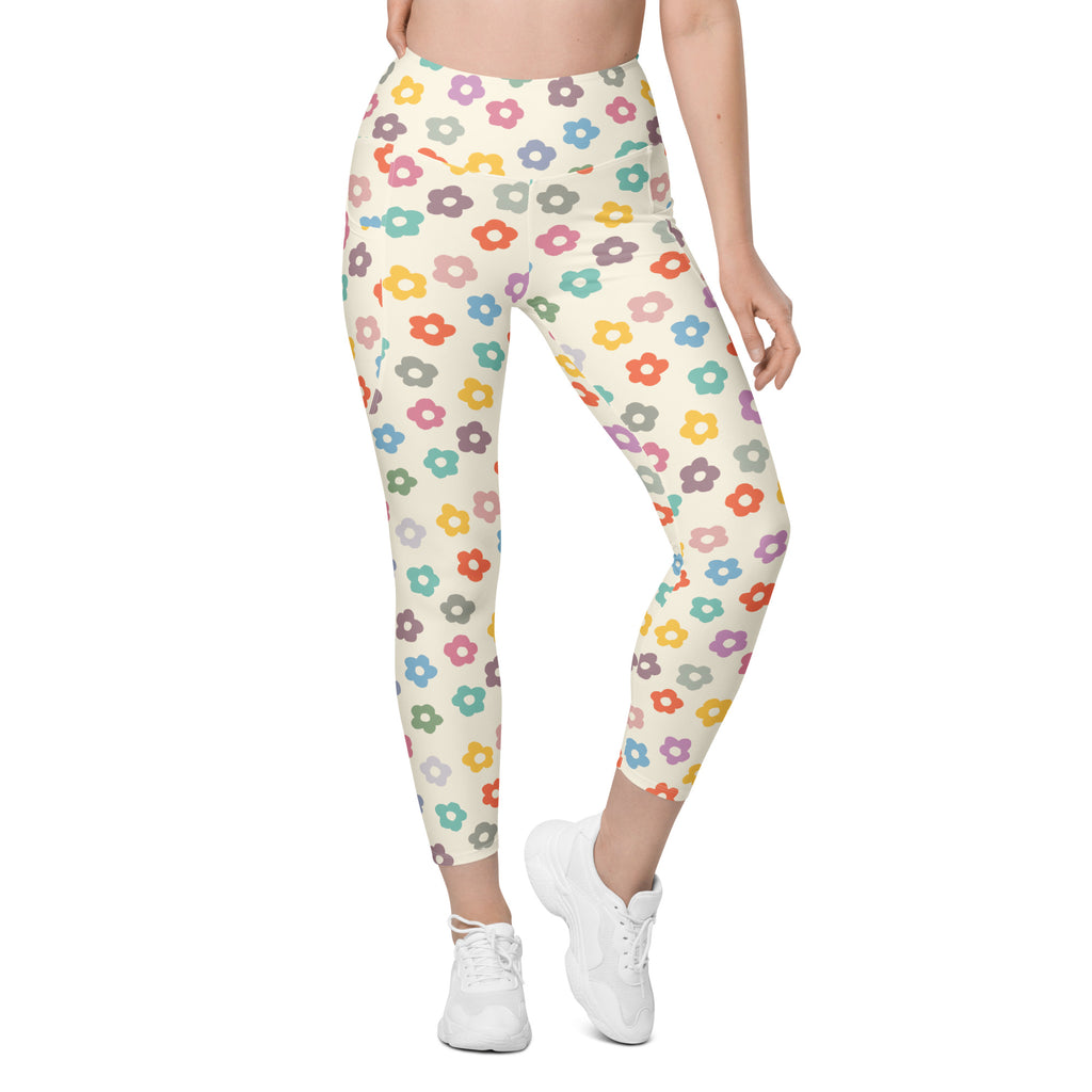 Women’s Colorful Retro Floral Yoga Leggings With Pockets – High-Waisted, Soft Compression Active Pants