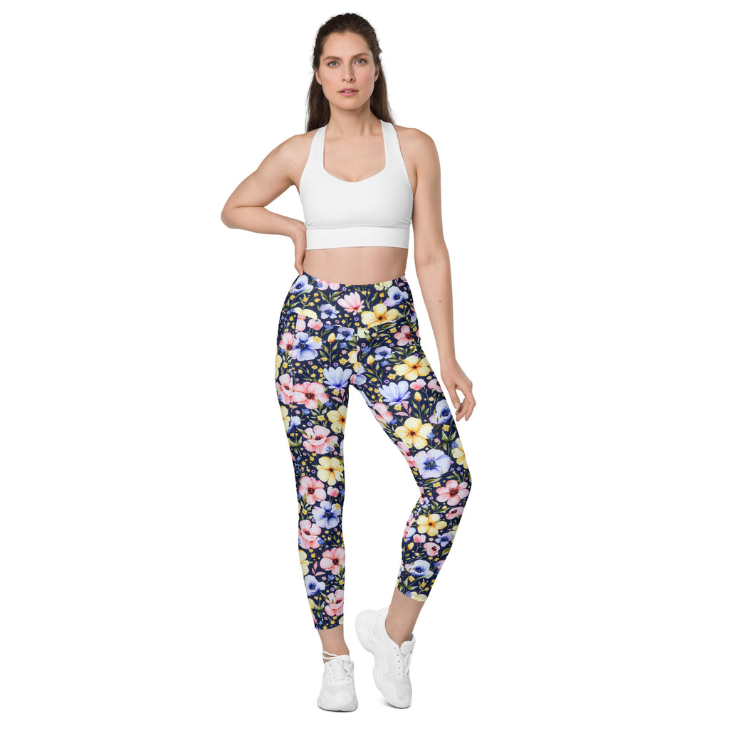 Women’s Watercolor Wildflower Yoga Leggings With Pockets – High-Waisted, Soft Compression Active Pants