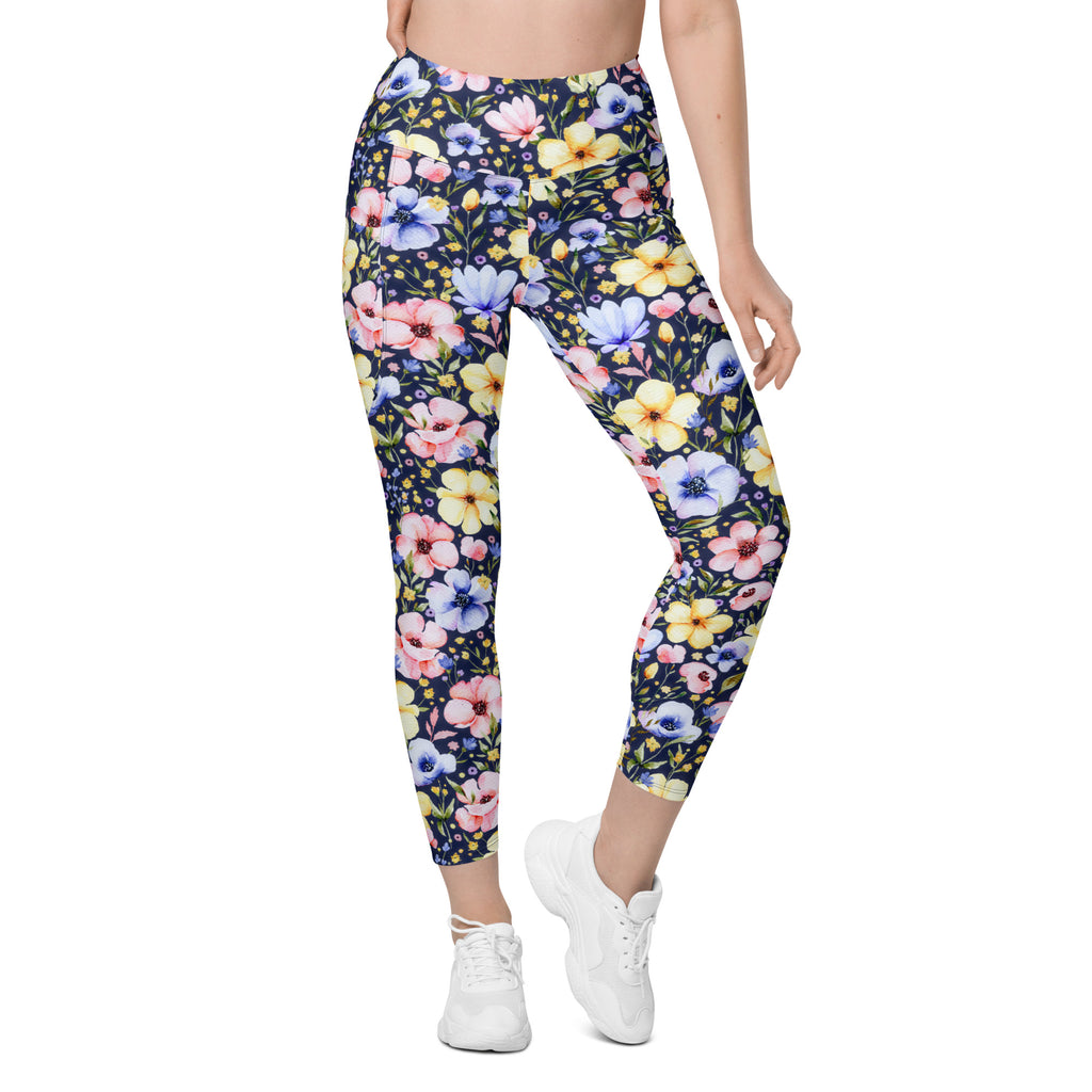 Women’s Watercolor Wildflower Yoga Leggings With Pockets – High-Waisted, Soft Compression Active Pants