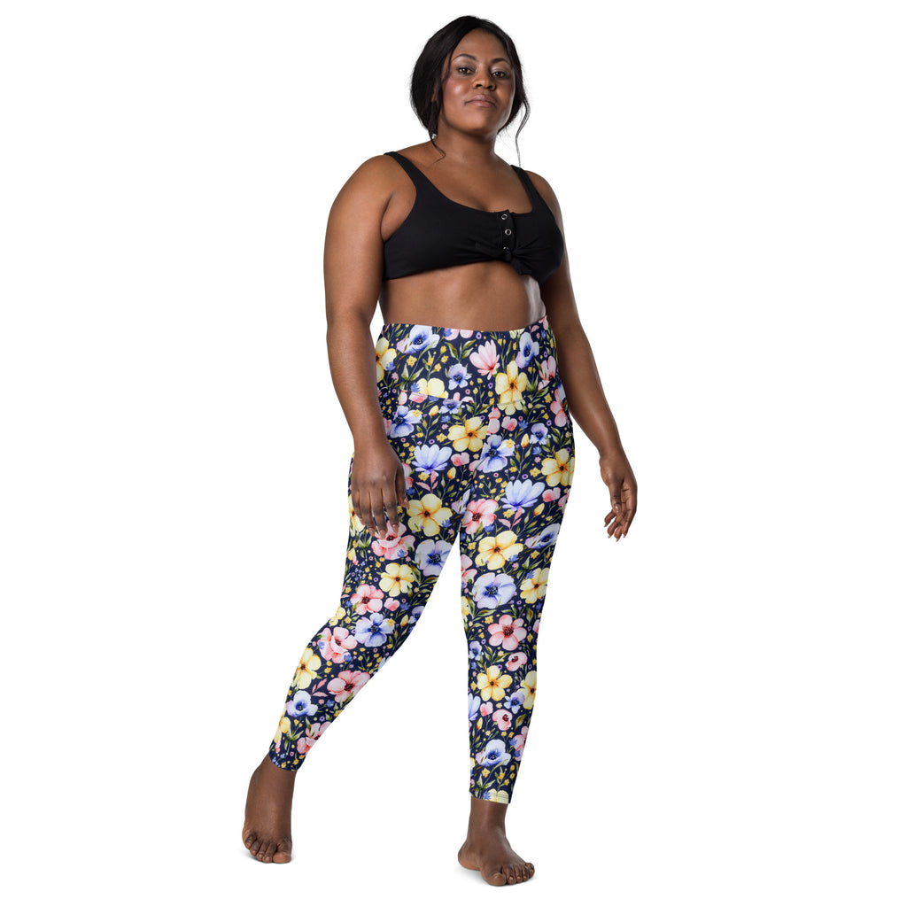 Women’s Watercolor Wildflower Yoga Leggings With Pockets – High-Waisted, Soft Compression Active Pants