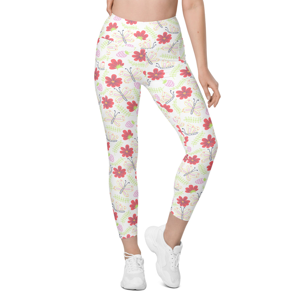 Women’s Butterfly & Floral Yoga Leggings With Pockets – High-Waisted, Soft Compression Active Pants