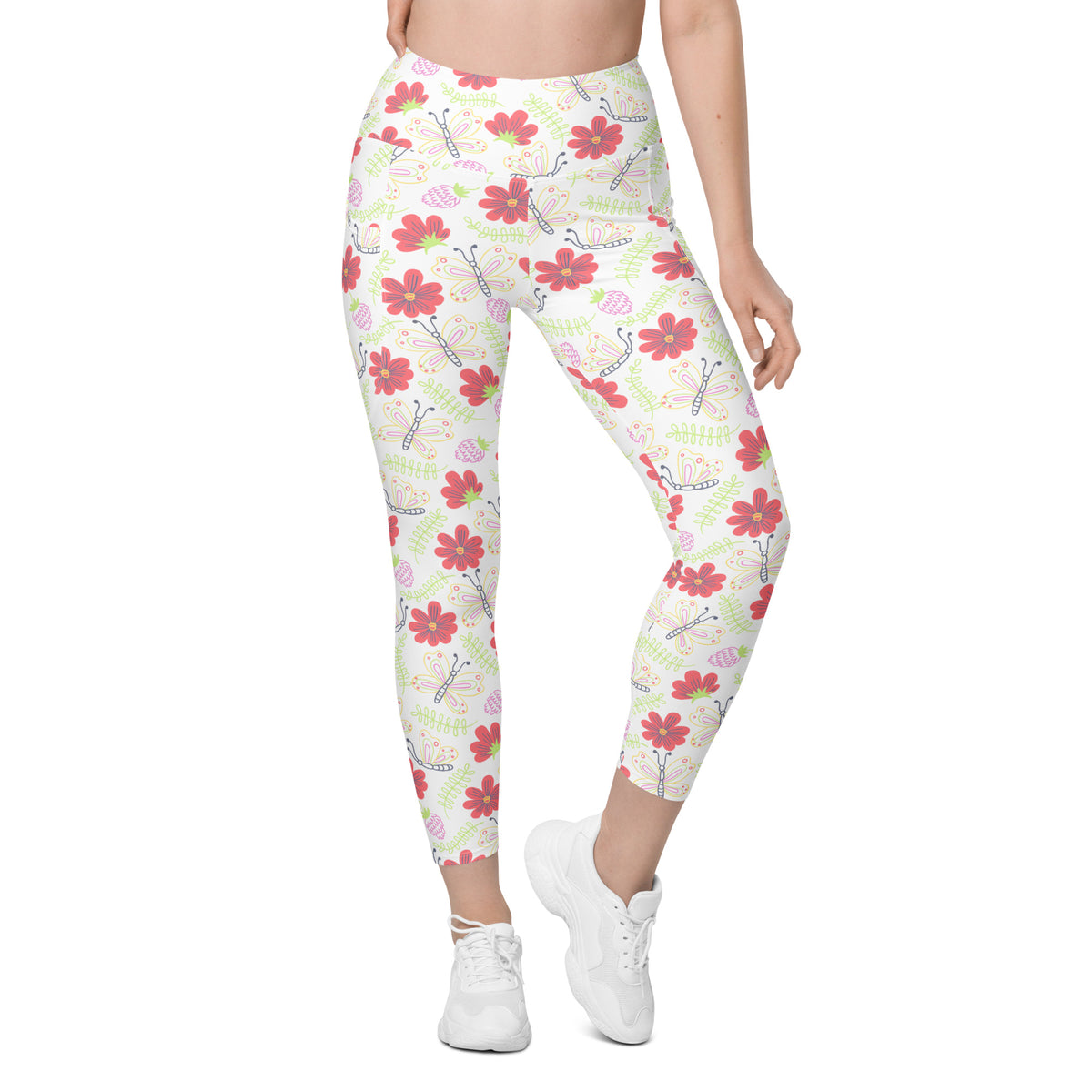 Women’s Butterfly & Floral Yoga Leggings With Pockets – High-Waisted, Soft Compression Active Pants