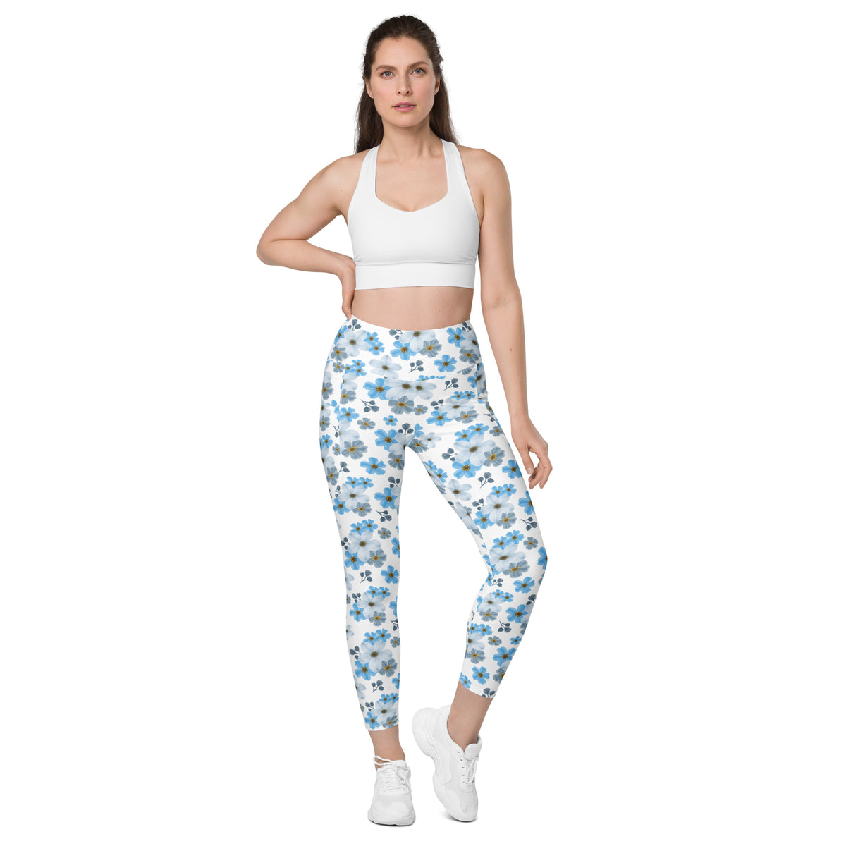 Women’s Blue Floral Yoga Leggings With Pockets – High-Waisted, Soft Compression Active Pants