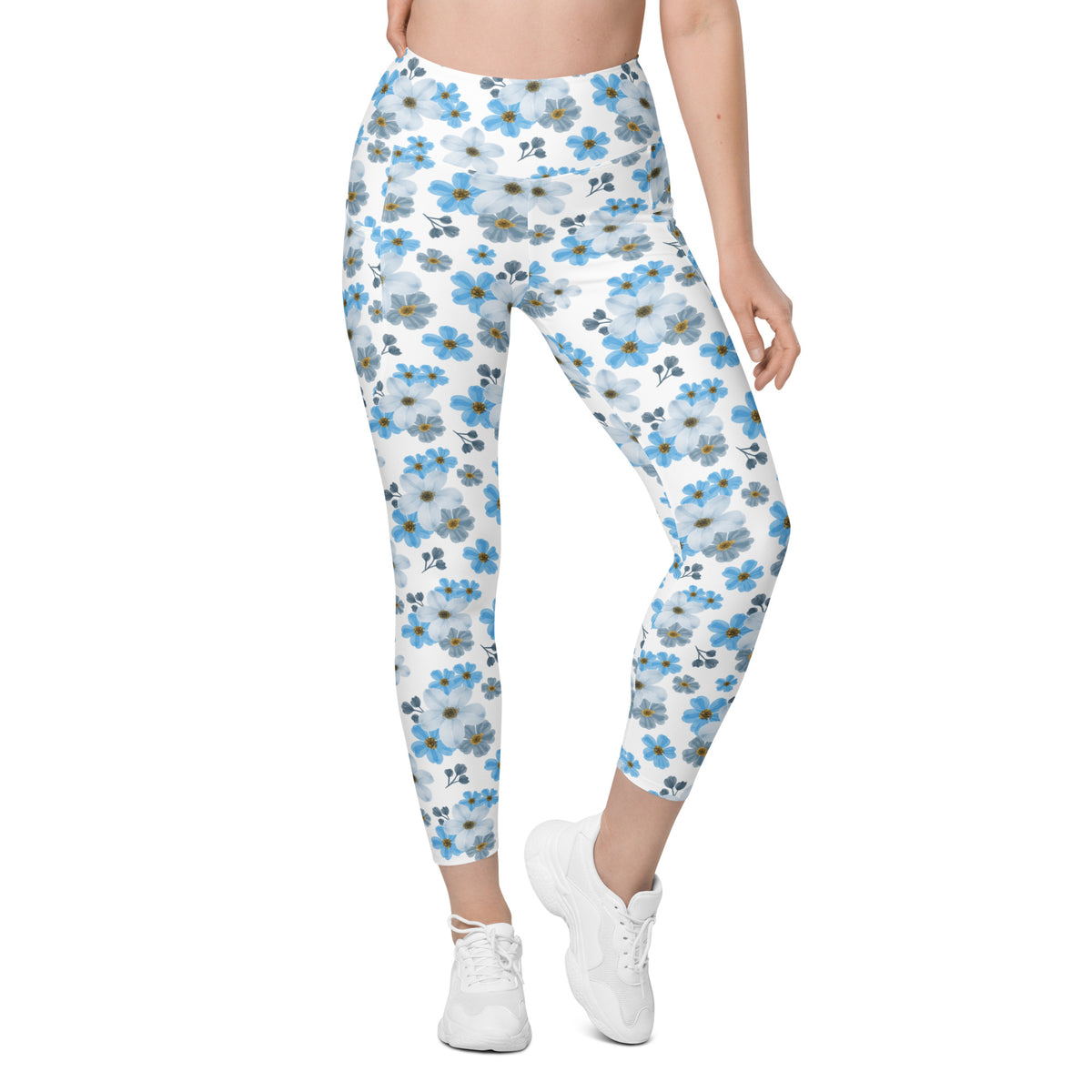 Women’s Blue Floral Yoga Leggings With Pockets – High-Waisted, Soft Compression Active Pants
