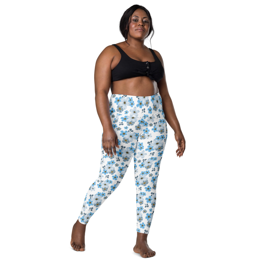Women’s Blue Floral Yoga Leggings With Pockets – High-Waisted, Soft Compression Active Pants