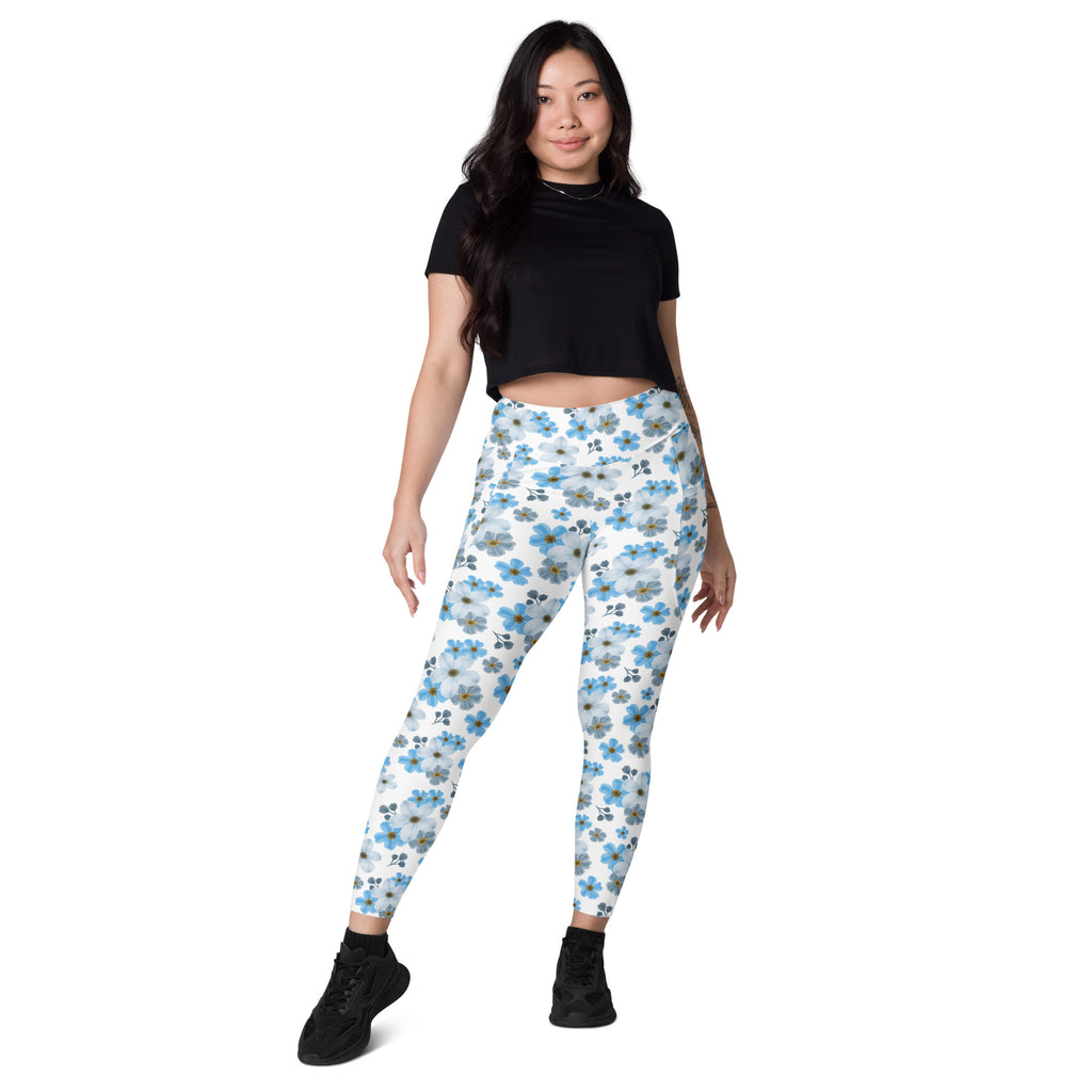 Women’s Blue Floral Yoga Leggings With Pockets – High-Waisted, Soft Compression Active Pants