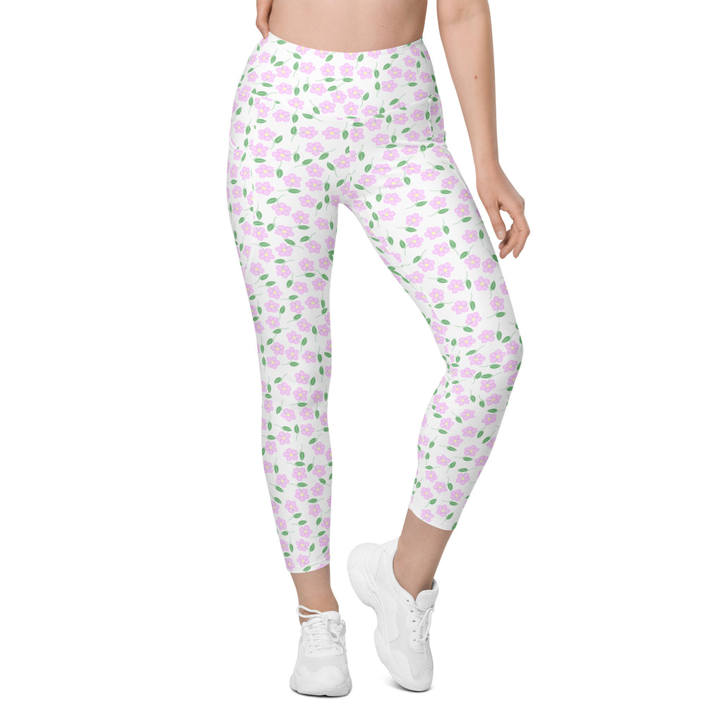 Women’s Pink Botanical Yoga Leggings With Pockets – High-Waisted, Soft Compression Active Pants